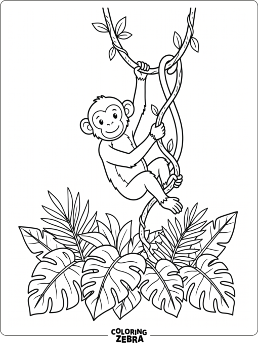 A monkey hangs from a vine above broad jungle leaves