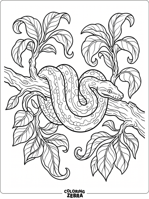 A rainforest snake coils on a branch with curling leaves