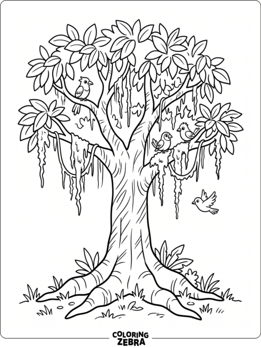 A large forest tree with roots and a leafy canopy