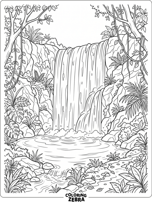 A waterfall drops into a pool among jungle rocks