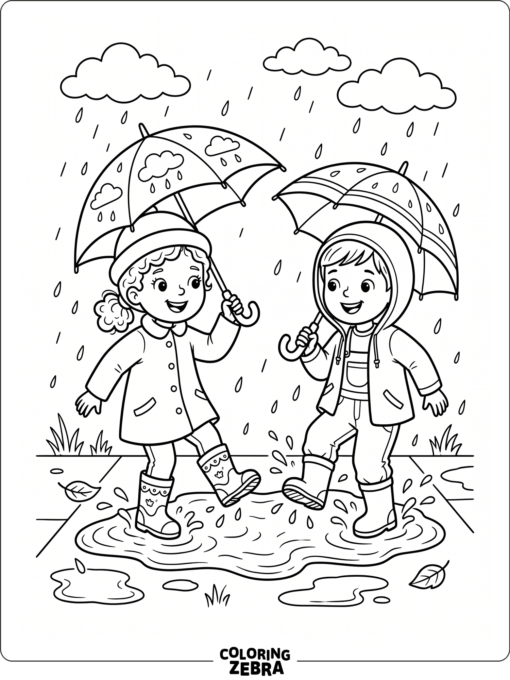 Kids in rain boots splash through puddles with umbrellas
