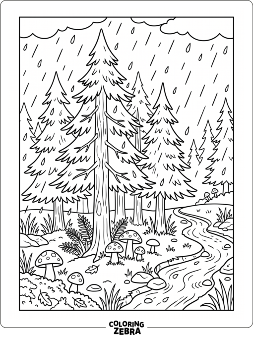 Rain falls through a forest with trees and mushrooms