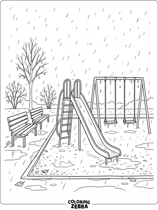 A rainy playground with swings and a slide