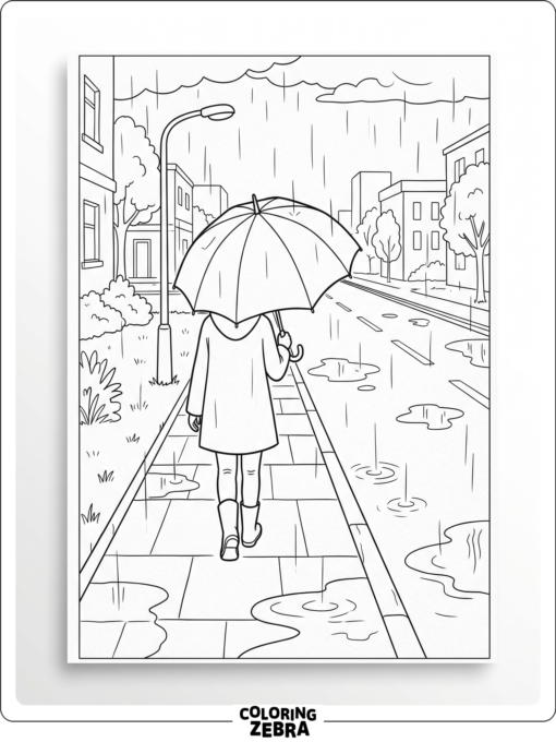 A rainy street with puddles and an umbrella