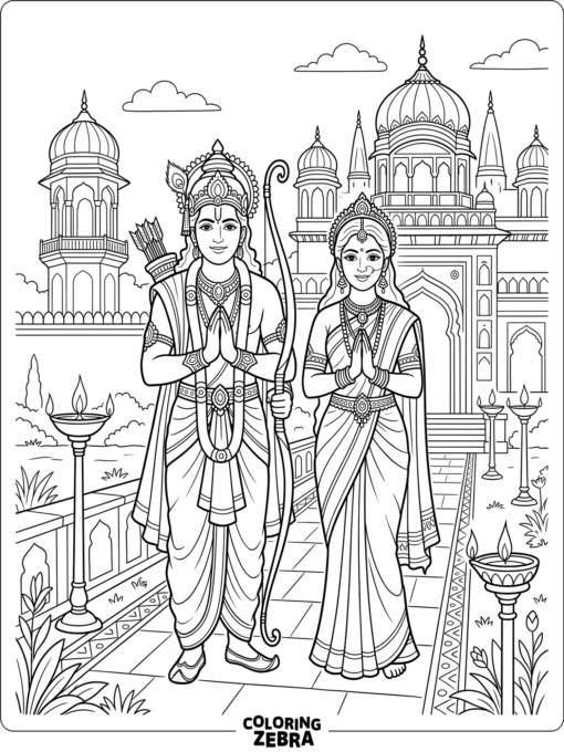 Ram and Sita standing near a palace with lamps