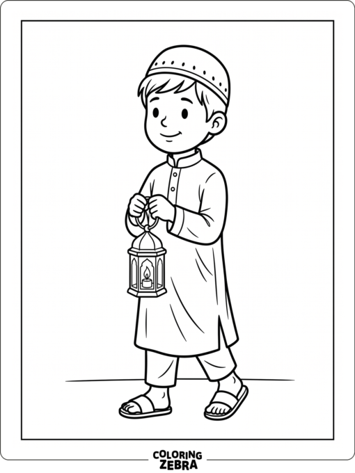 Young boy holding a lantern in prayer clothes