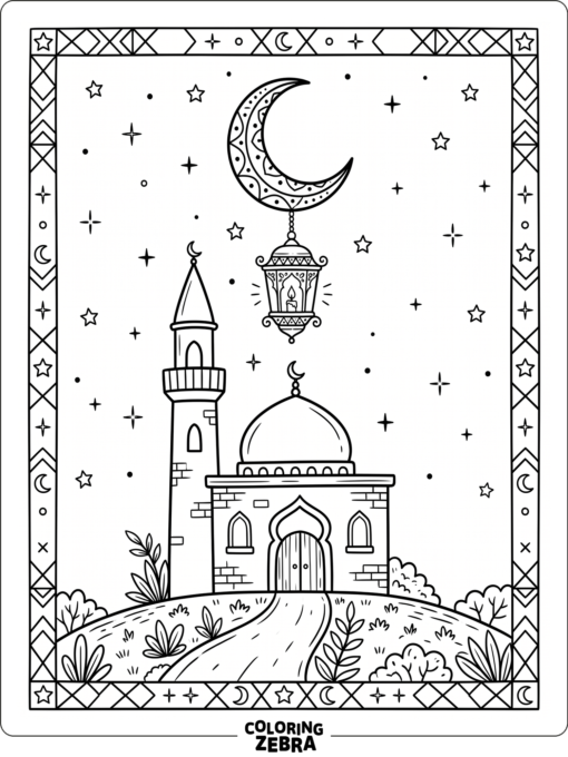 Crescent moon and lanterns over a mosque