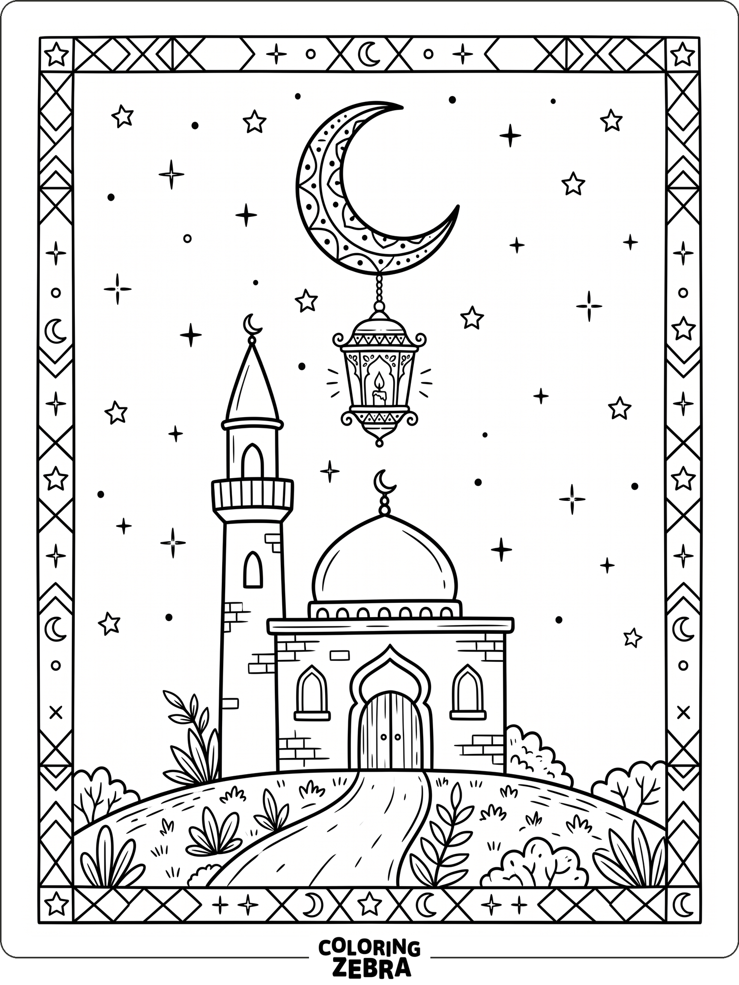 Crescent moon and lanterns over a mosque