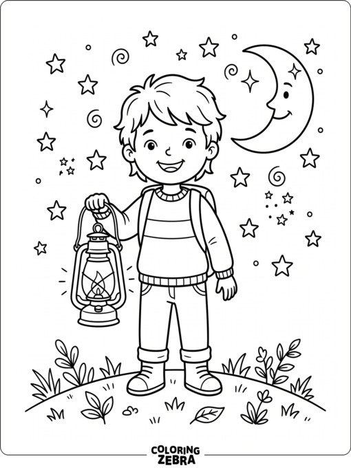 Smiling child with a lantern and moon