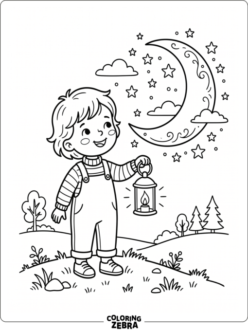 Smiling child with a lantern and crescent moon