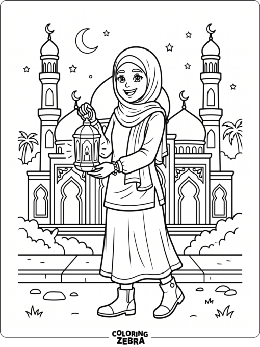 Teen holding a lantern near a mosque
