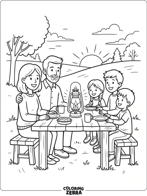 Family gathered around a lantern-lit table