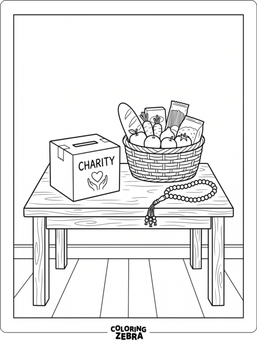 Charity box with food basket and prayer beads