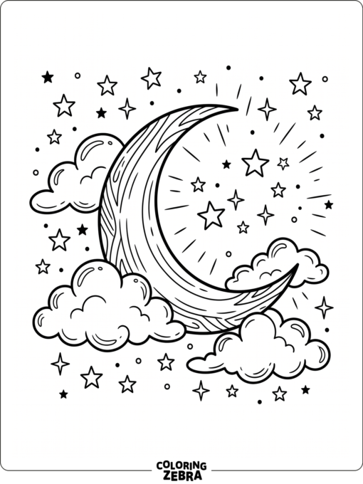 Crescent moon with stars and clouds
