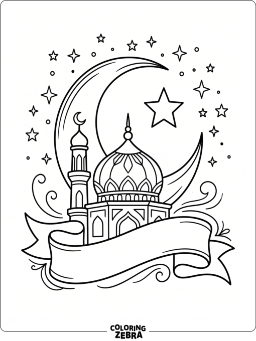 Moon, mosque dome, and stars with ribbon