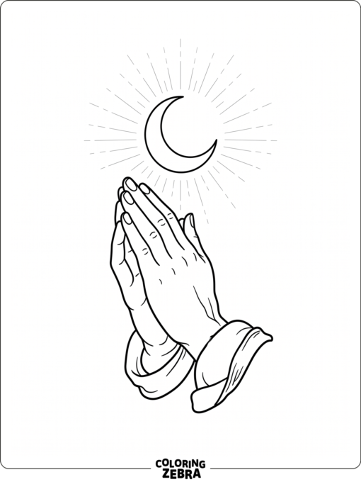 Praying hands beneath a crescent moon