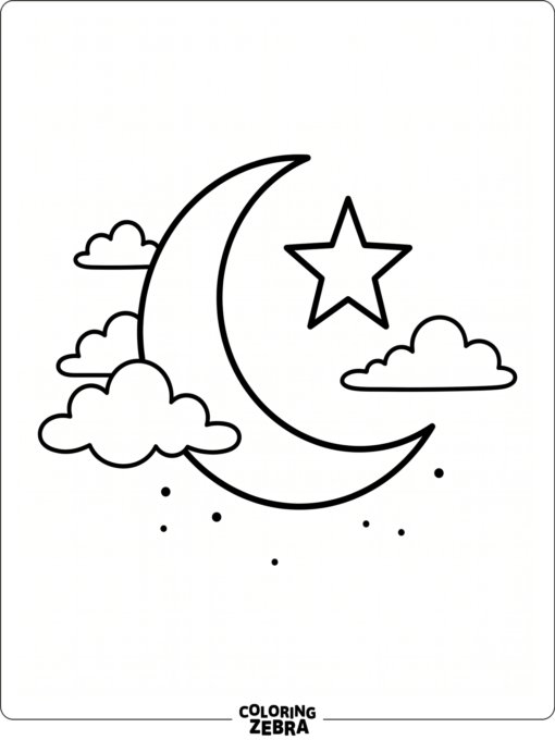 A crescent moon with a star and clouds