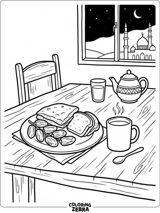 Suhoor breakfast table with dates and tea