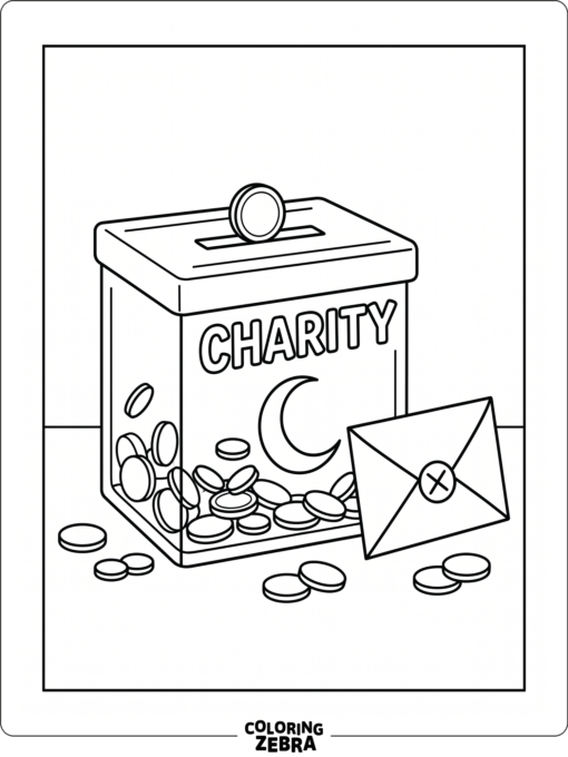 Charity box with coins and an envelope