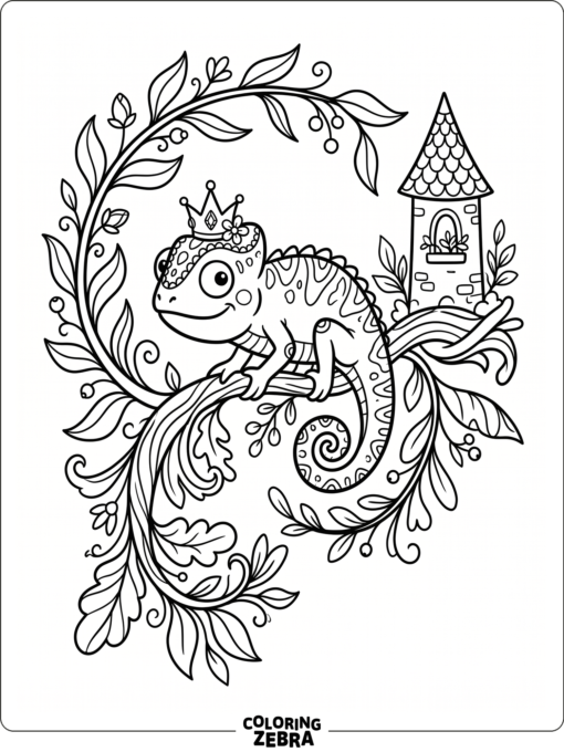 A chameleon near a tower on a vine