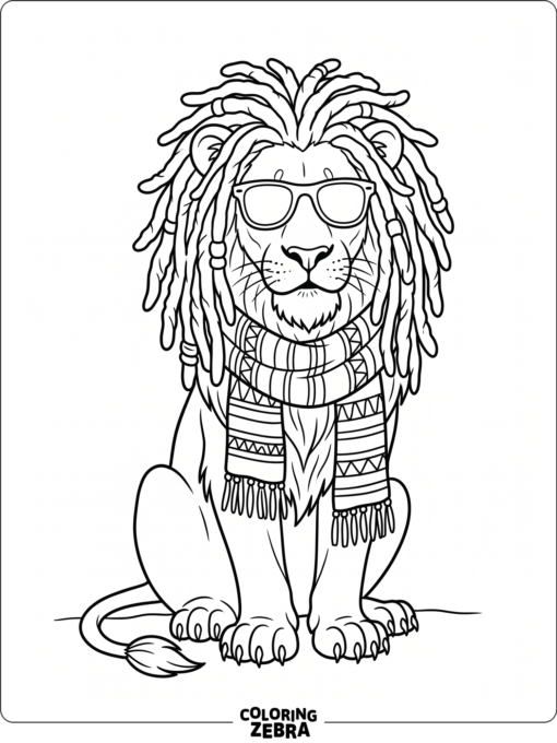 A lion with dreadlocks and sunglasses wears a reggae scarf