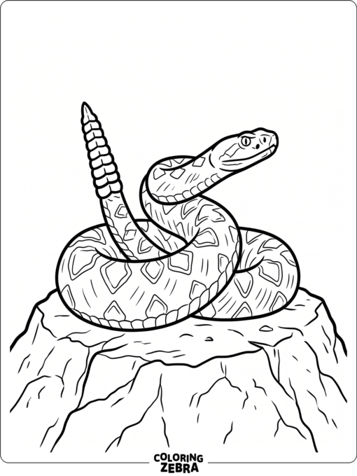 A rattlesnake coiled on a desert rock with a raised tail