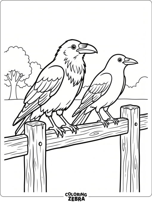 A raven and a crow perch together on a fence rail