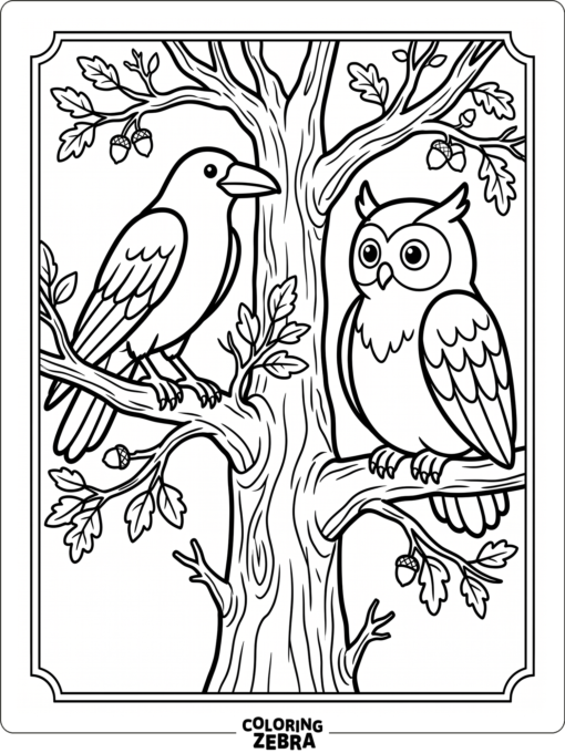 A raven and an owl perch on opposite branches