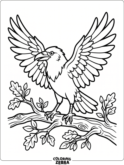 A raven stands on a branch with open wings and a few leaves around it