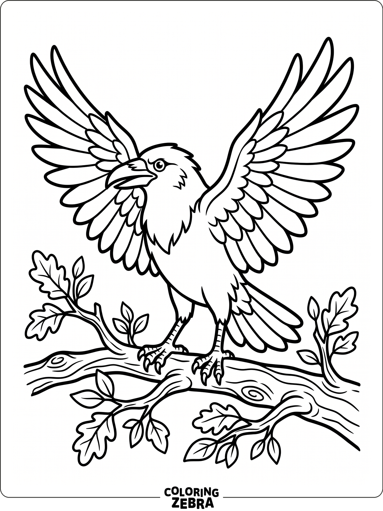 A raven stands on a branch with open wings and a few leaves around it