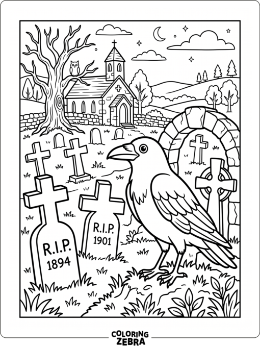 A raven stands in a graveyard near crossed headstones