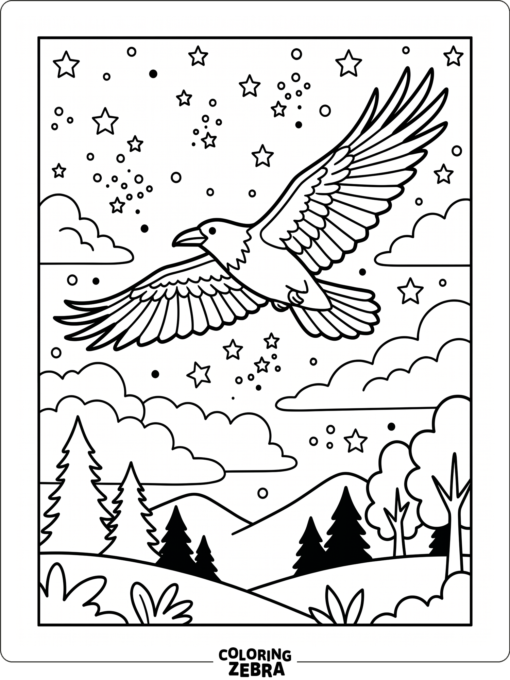 A raven soars under a starry night sky with clouds