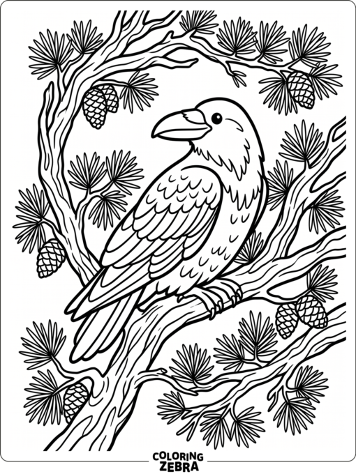 A raven sits among tree branches with a few pine needles