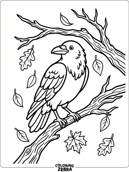 A raven perches on a bare branch with falling leaves