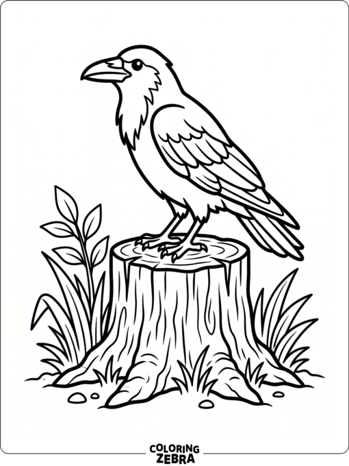 A raven perches on a tree stump beside small grass tufts