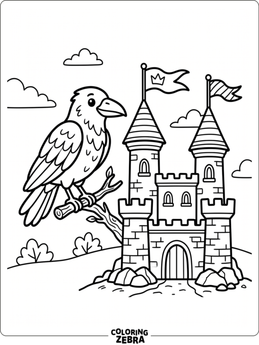 A raven stands beside a small castle with towers and flags