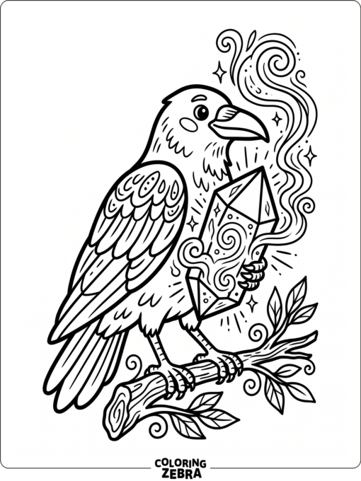 A raven holds a crystal with swirling mist around it