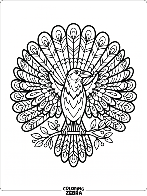 A raven with spread feathers arranged like a decorative fan