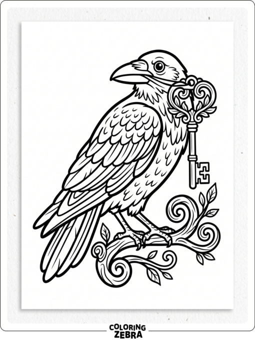 A raven holds an old key with curled metal details