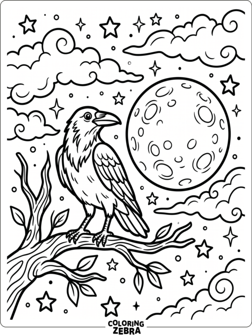 A raven stands beside a full moon with drifting clouds