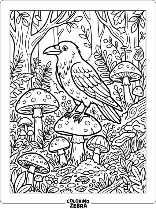 A raven stands among mushrooms and tiny forest plants