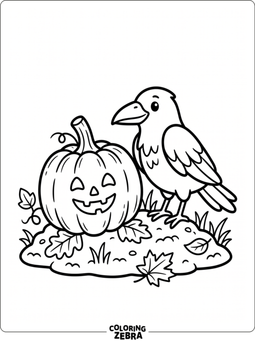 A raven stands next to a pumpkin in a simple autumn patch