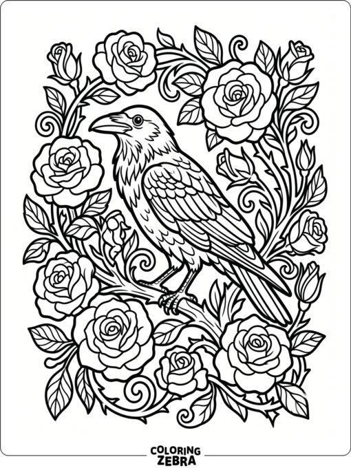 A raven is surrounded by roses and curling stems