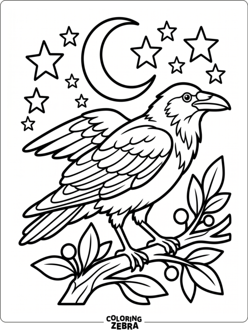 A raven with stars above its wings and a crescent moon