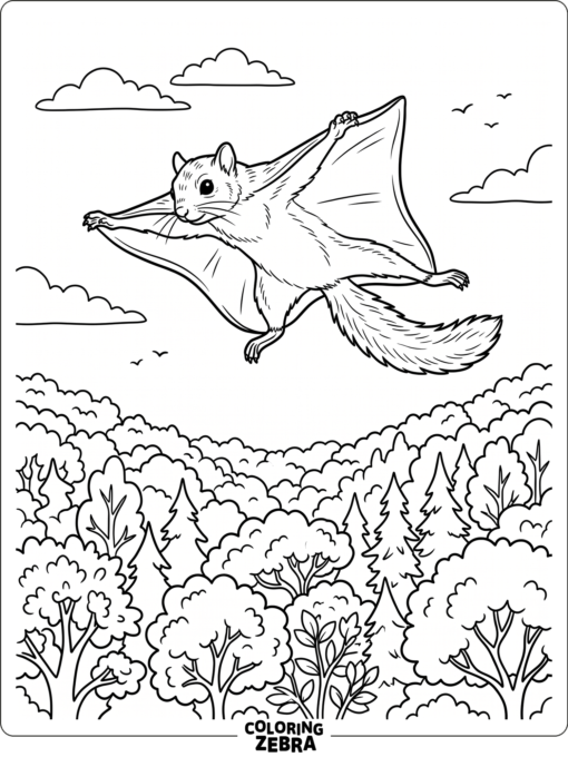 A flying squirrel glides over treetops
