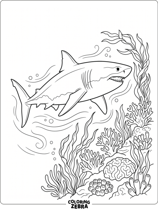 A prehistoric shark moving past coral and seaweed