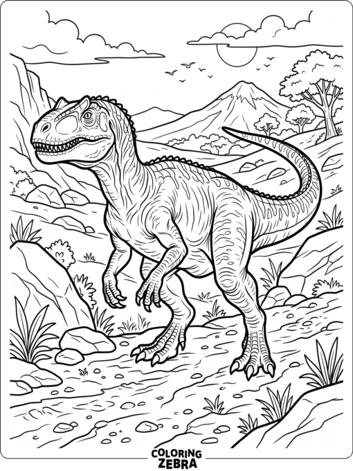 A realistic allosaurus walking across open ground