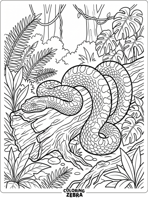 A realistic anaconda draped over a fallen log