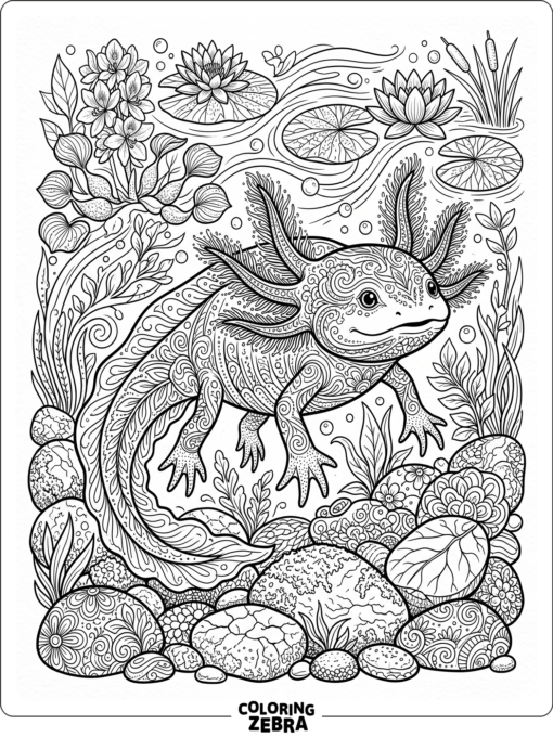 A realistic axolotl with textured gills and stones