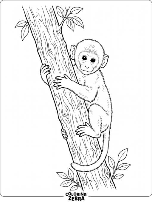 A realistic baby monkey clinging to a tree trunk